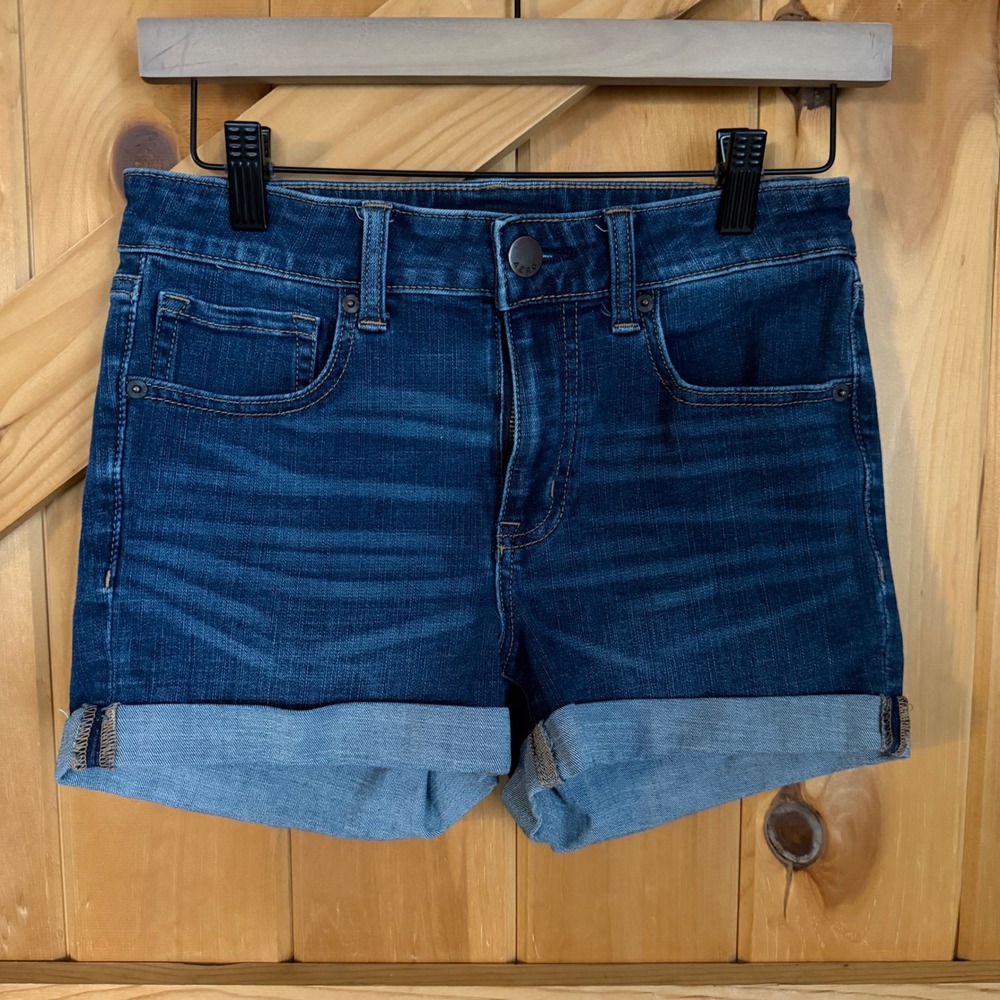 Aeropostale High Rise Midi Shorts Dark Wash Denim Cuffed Boho Festival Women 6